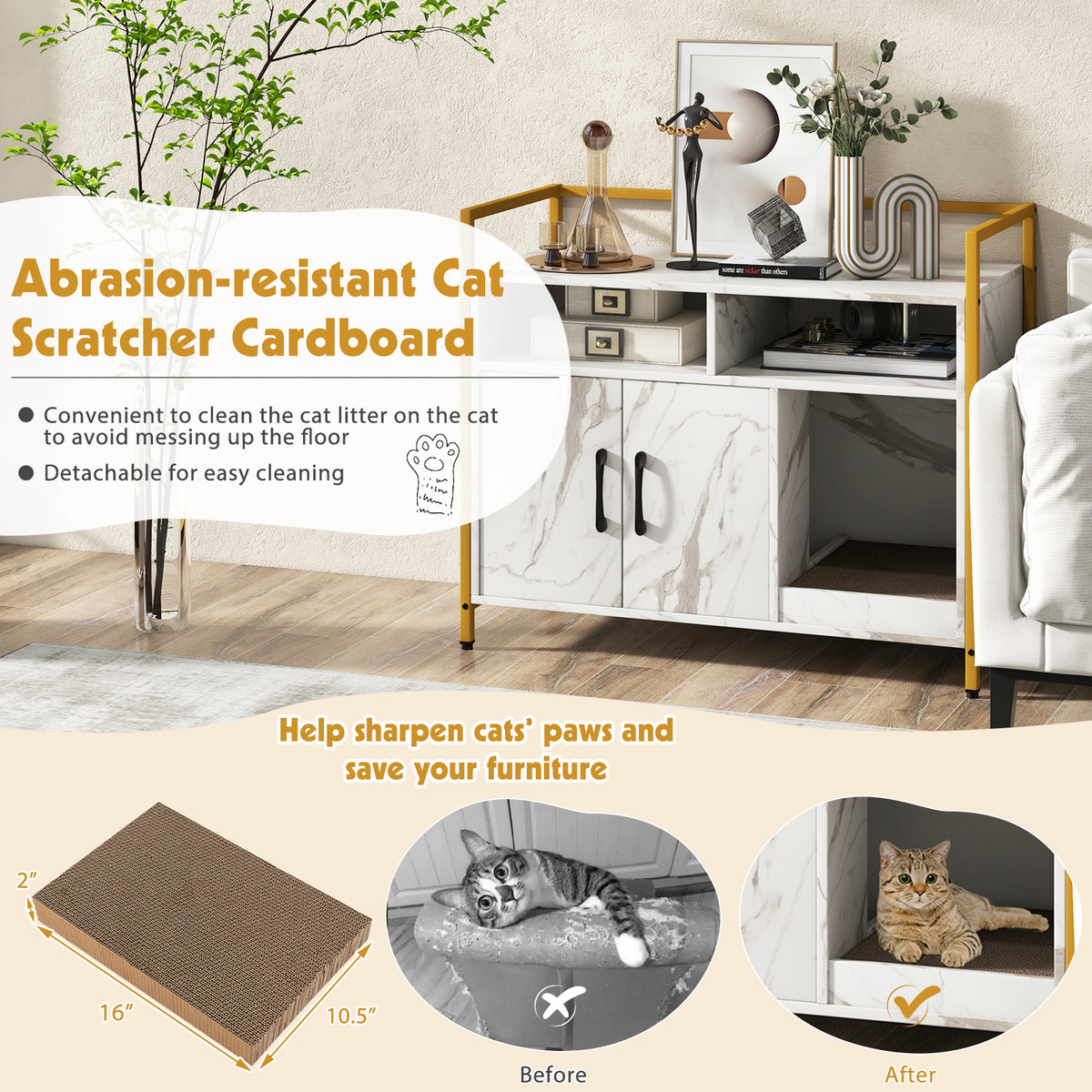 Hidden Cat Washroom Enclosure with Double Doors & Scratch Cardboard - White