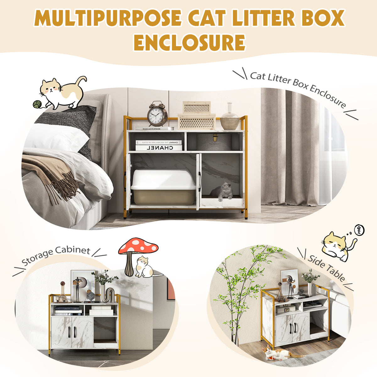 Hidden Cat Washroom Enclosure with Double Doors & Scratch Cardboard - White