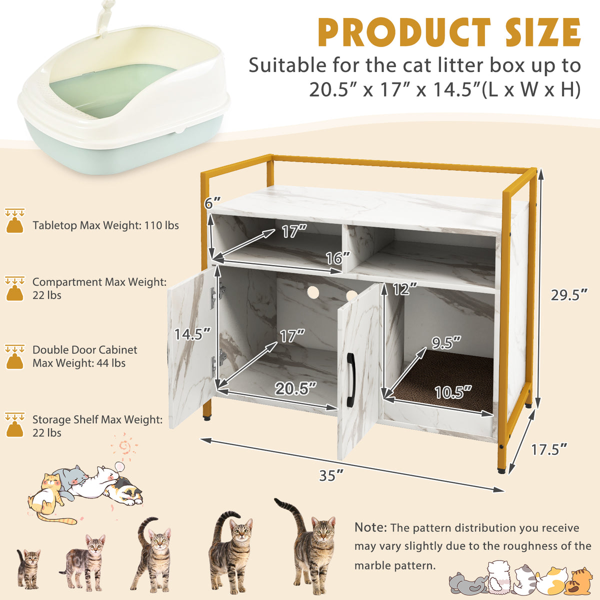 Hidden Cat Washroom Enclosure with Double Doors & Scratch Cardboard - White
