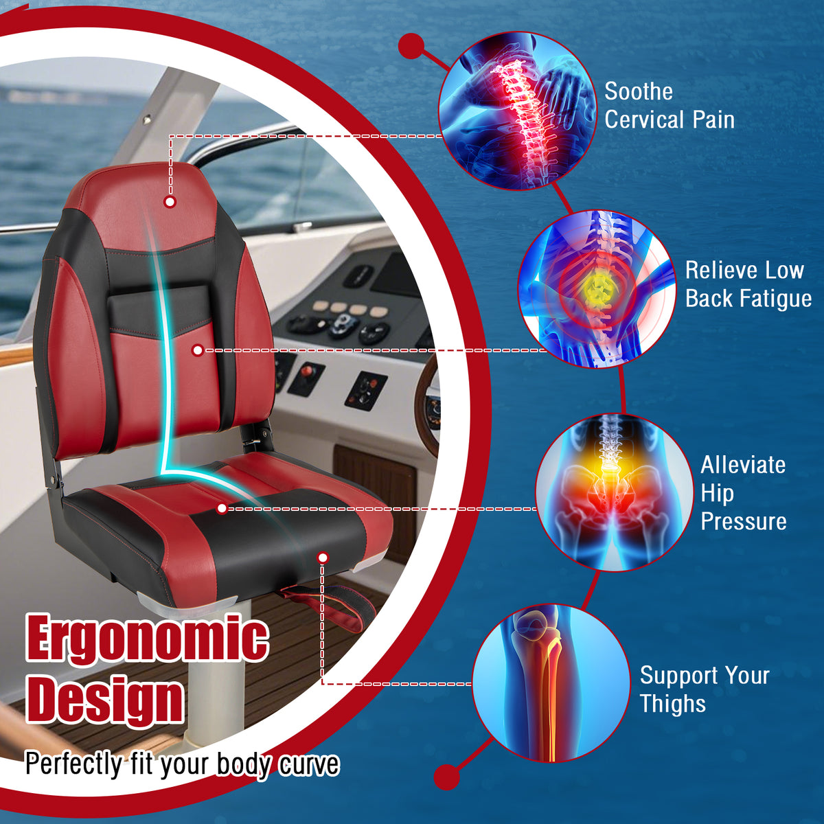 High Back Folding Boat Seat Set with Waterproof PVC Cushion - 1 Piece
