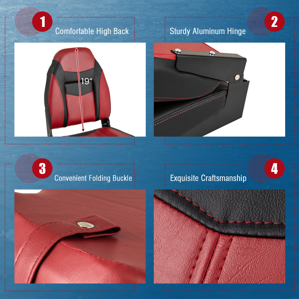 High Back Folding Boat Seat Set with Waterproof PVC Cushion - 1 Piece