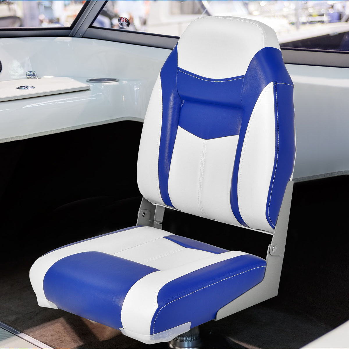 High Back Folding Boat Seat with Blue White Cushions & Hinges - Costway Blue