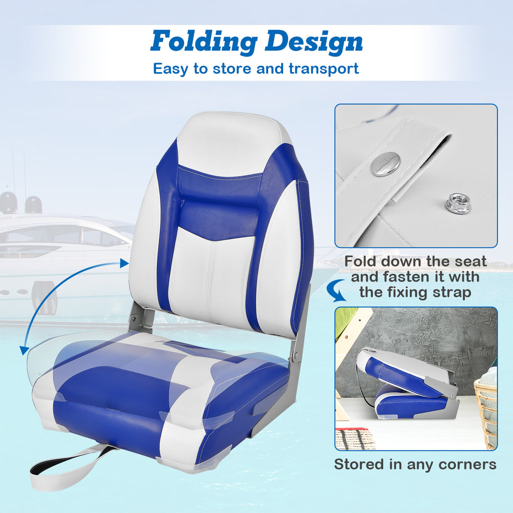 High Back Folding Boat Seat with Blue White Cushions & Hinges - Costway Blue