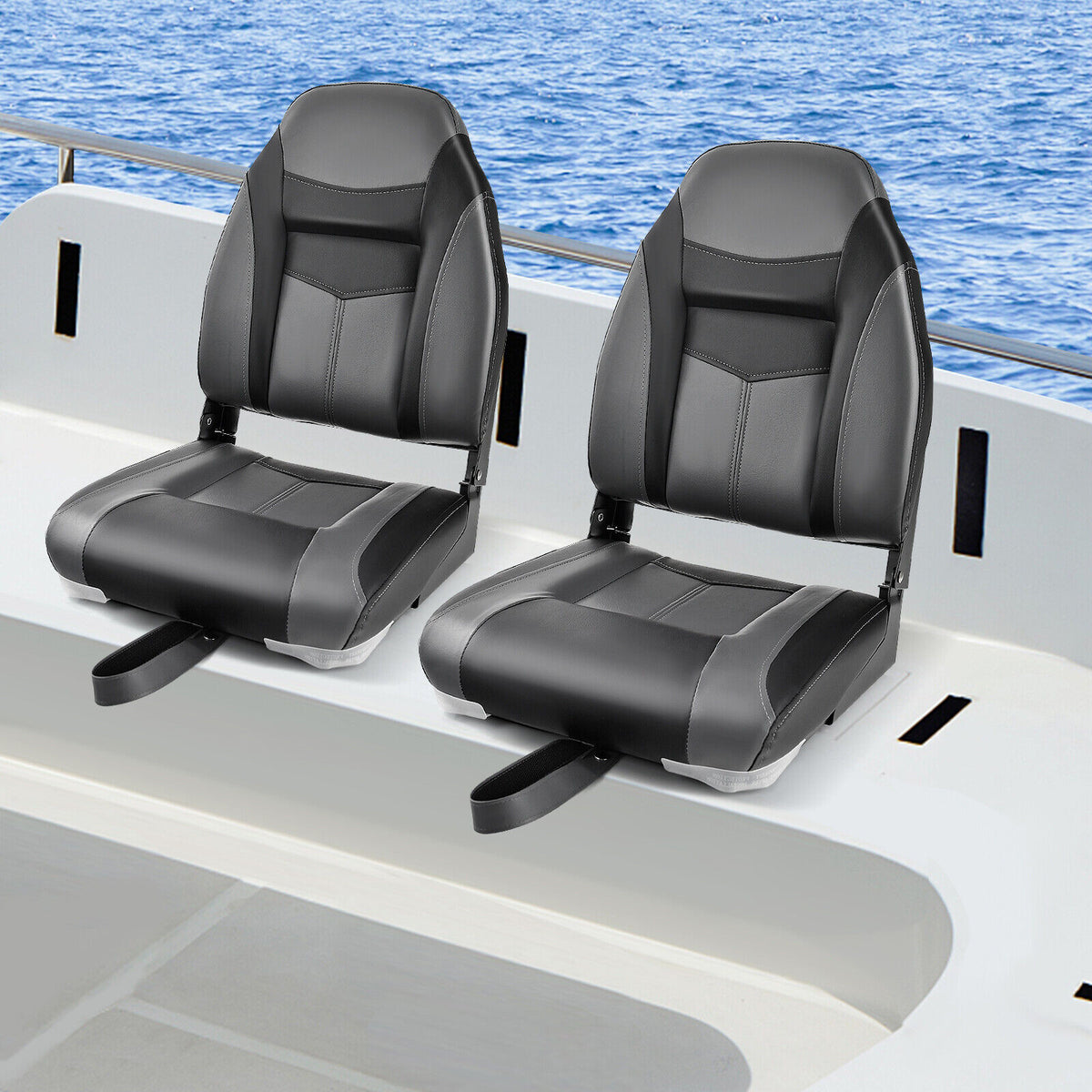 High Back Folding Boat Seat with Black Grey Sponge Cushion & Hinges - 1 Piece