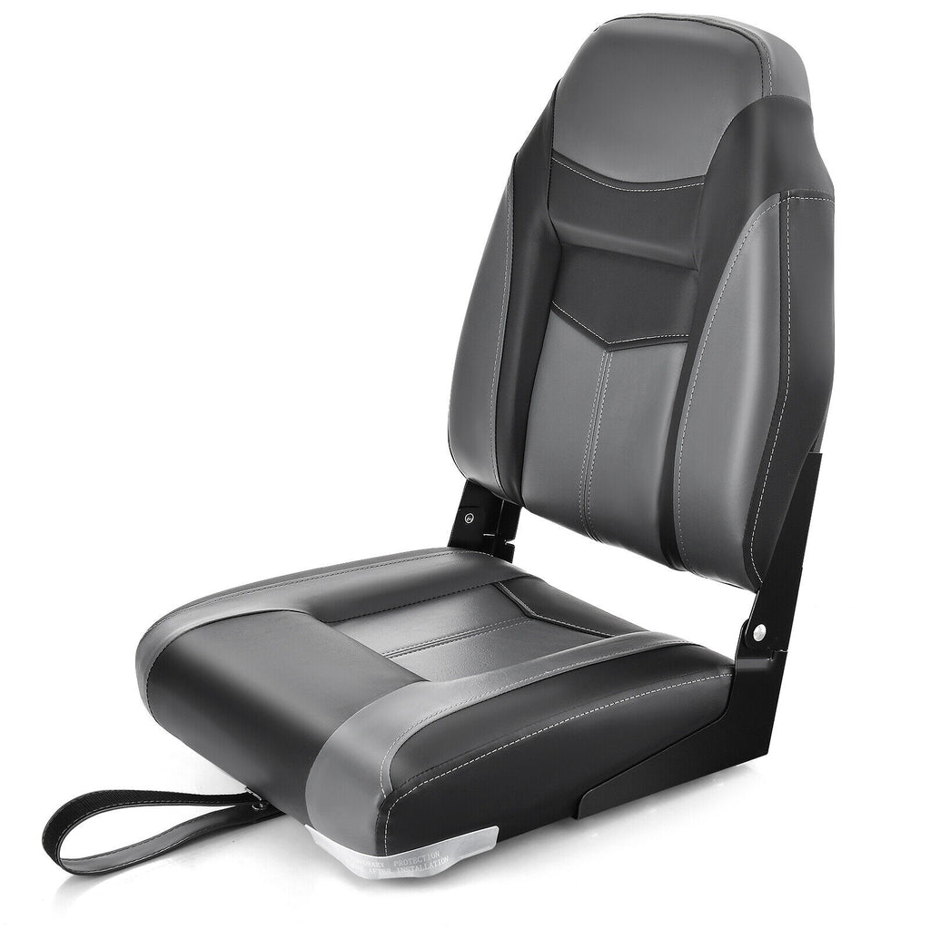 High Back Folding Boat Seat with Black Grey Sponge Cushion & Hinges - 1 Piece