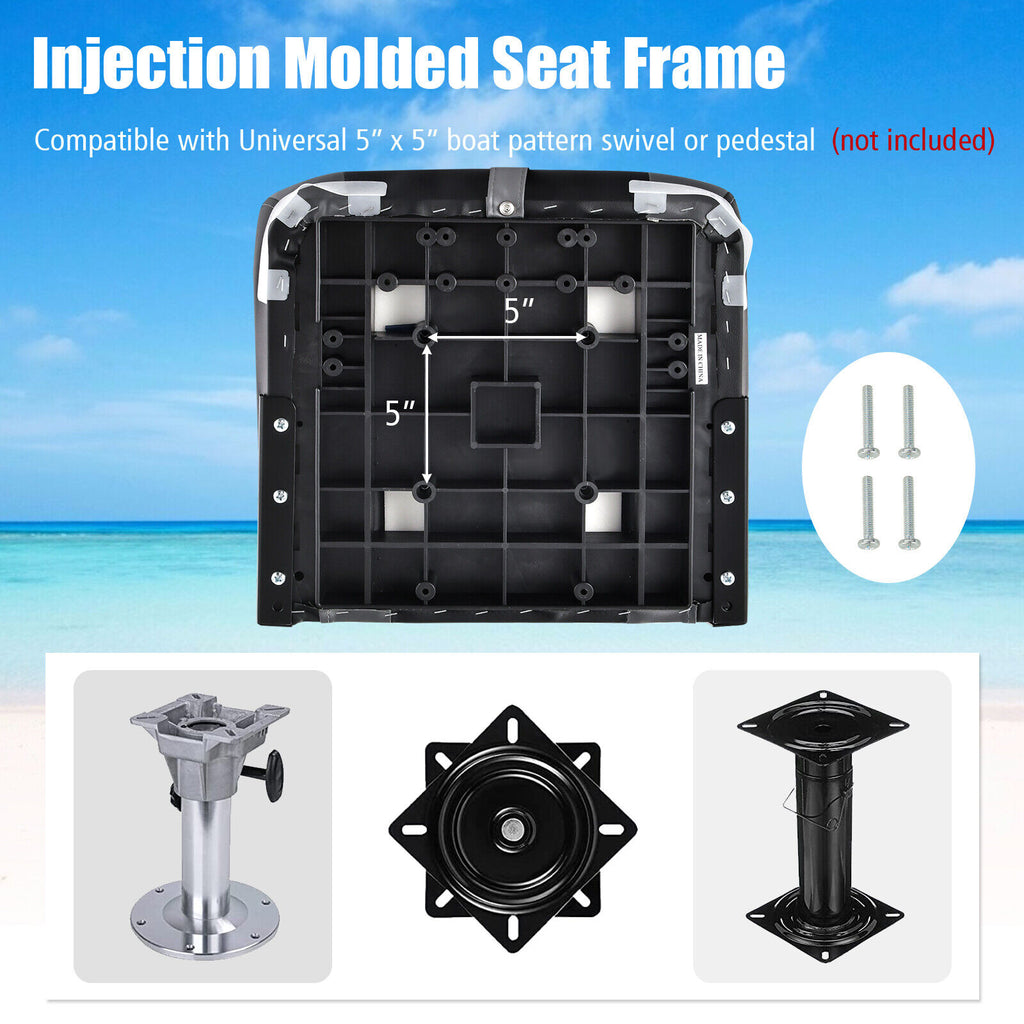 High Back Folding Boat Seat with Black Grey Sponge Cushion & Hinges - 1 Piece