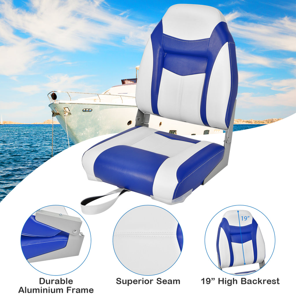High Back Folding Boat Seat with Blue White Cushions & Hinges - Costway Blue