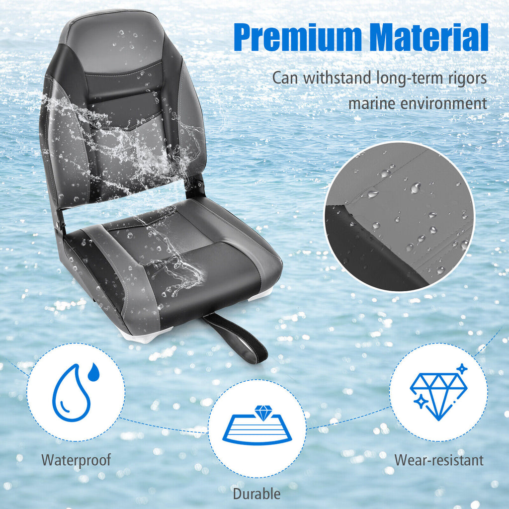 High Back Folding Boat Seat with Black Grey Sponge Cushion & Hinges - 1 Piece