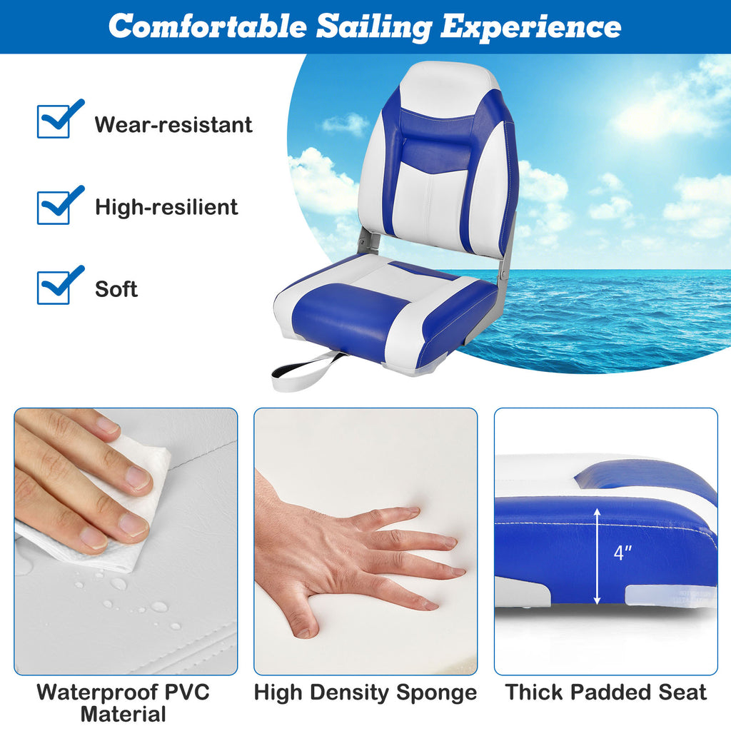 High Back Folding Boat Seat with Blue White Cushions & Hinges - Costway Blue