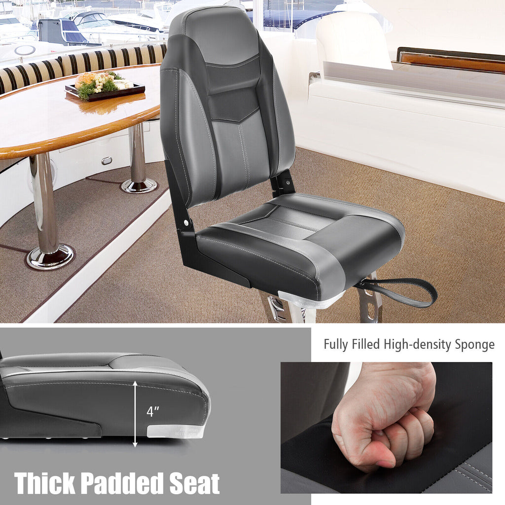 High Back Folding Boat Seat with Black Grey Sponge Cushion & Hinges - 1 Piece