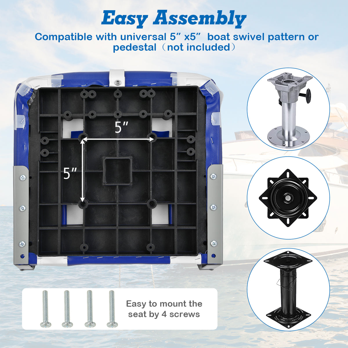 High Back Folding Boat Seat with Blue White Cushions & Hinges - Costway Blue