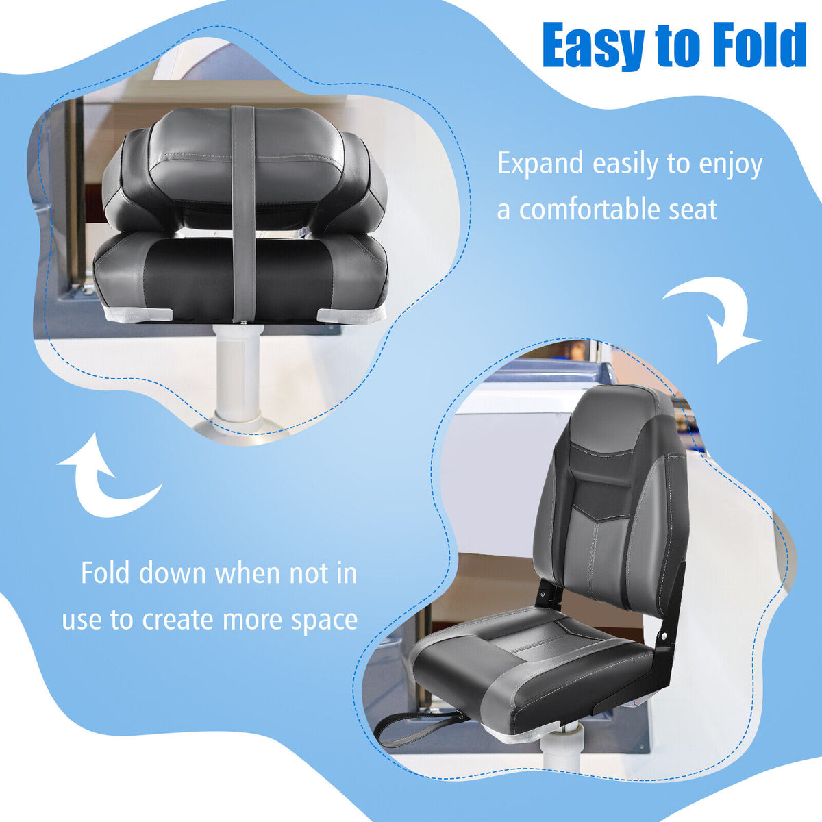 High Back Folding Boat Seat with Black Grey Sponge Cushion & Hinges - 1 Piece