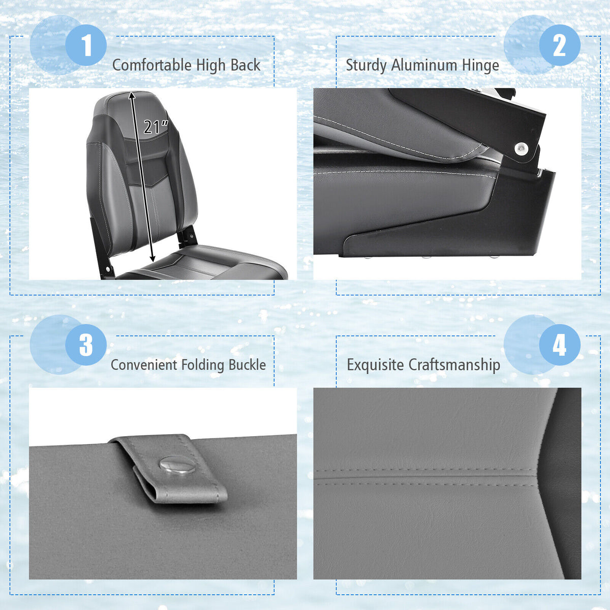 High Back Folding Boat Seat with Black Grey Sponge Cushion & Hinges - 1 Piece