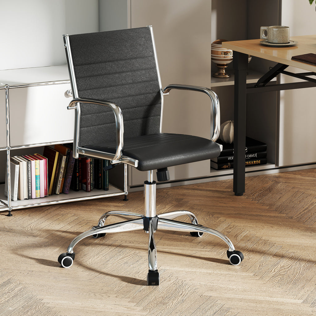 High Back Office Chair with Armrests - Black, PU Leather