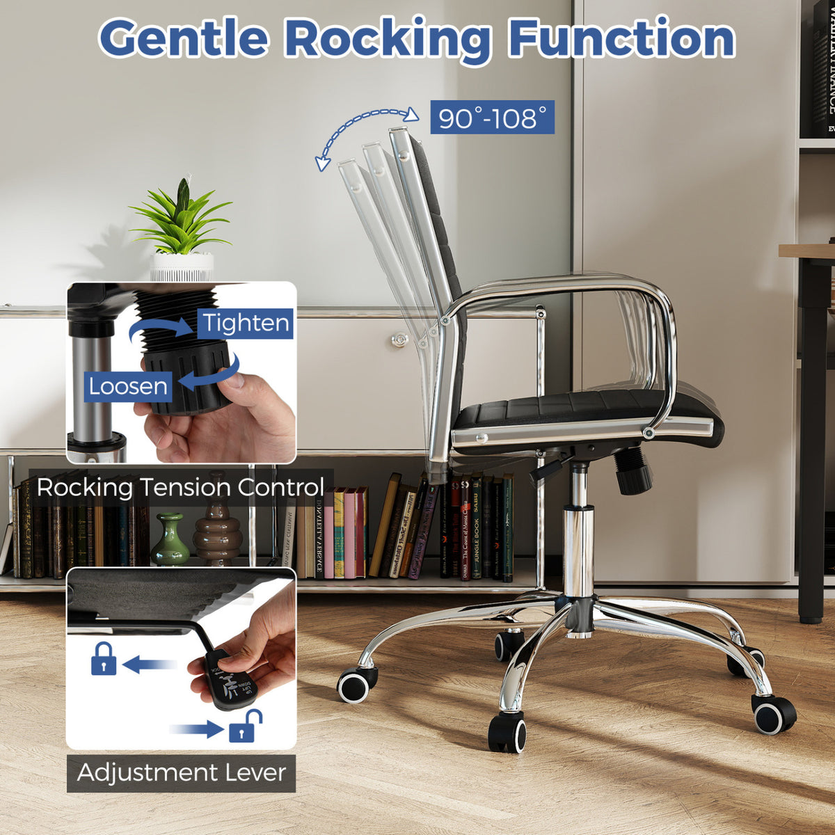 High Back Office Chair with Armrests - Black, PU Leather