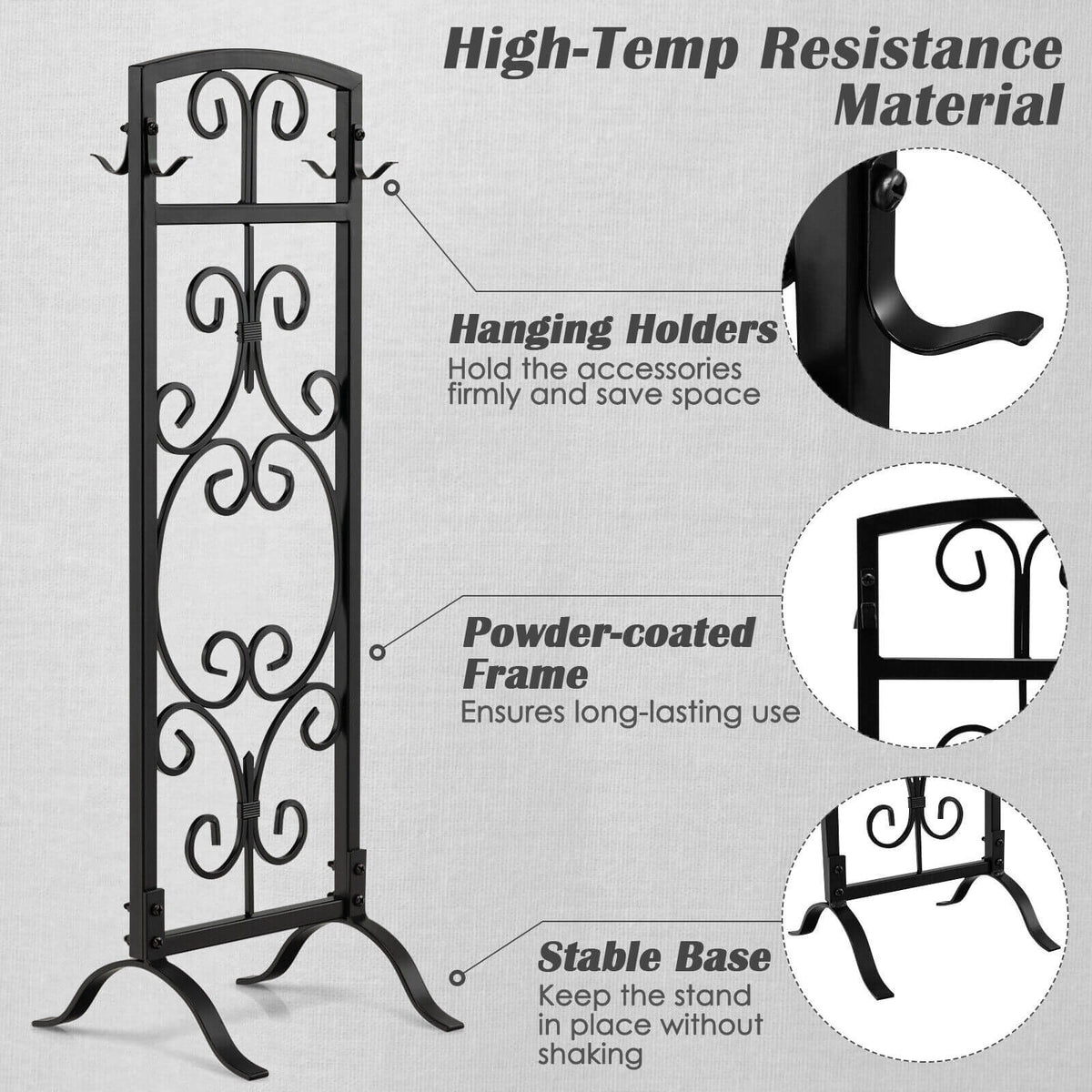 5 Piece Wrought Iron Fireplace Tools with Decor Holder