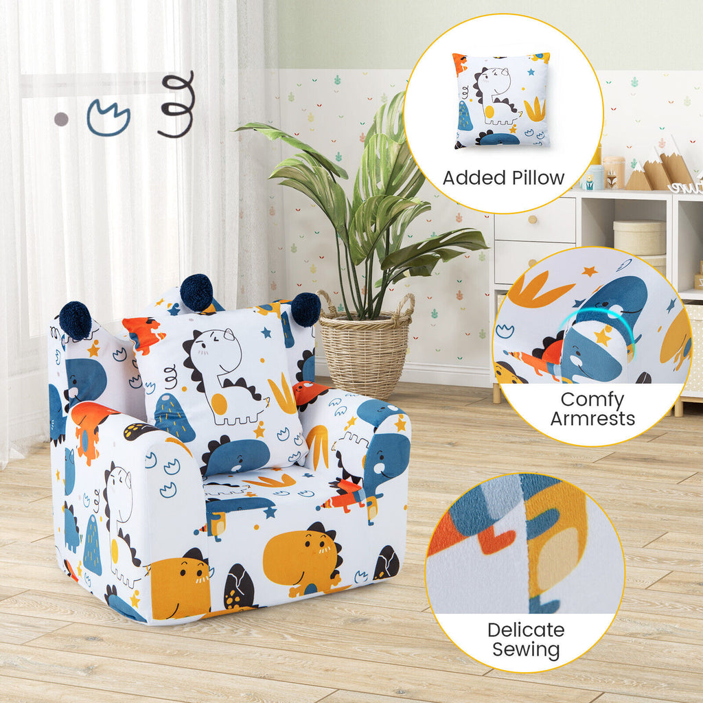 Kids Sofa with Armrest & Extra Pillow - Blue, High-Density Padding, No Assembly