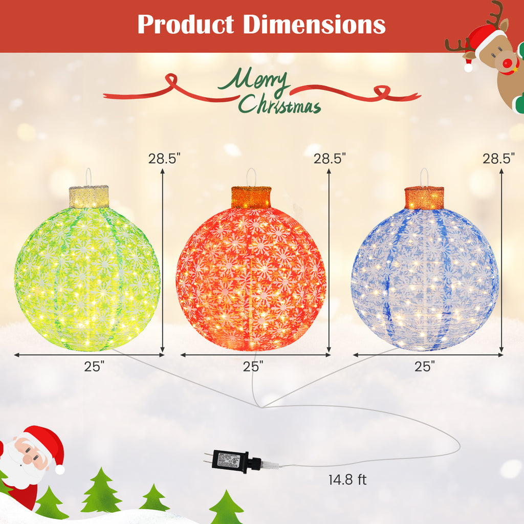 28.5 Inch 3-Piece Pre-Lit Christmas Ball Set with Warm White LED Lights