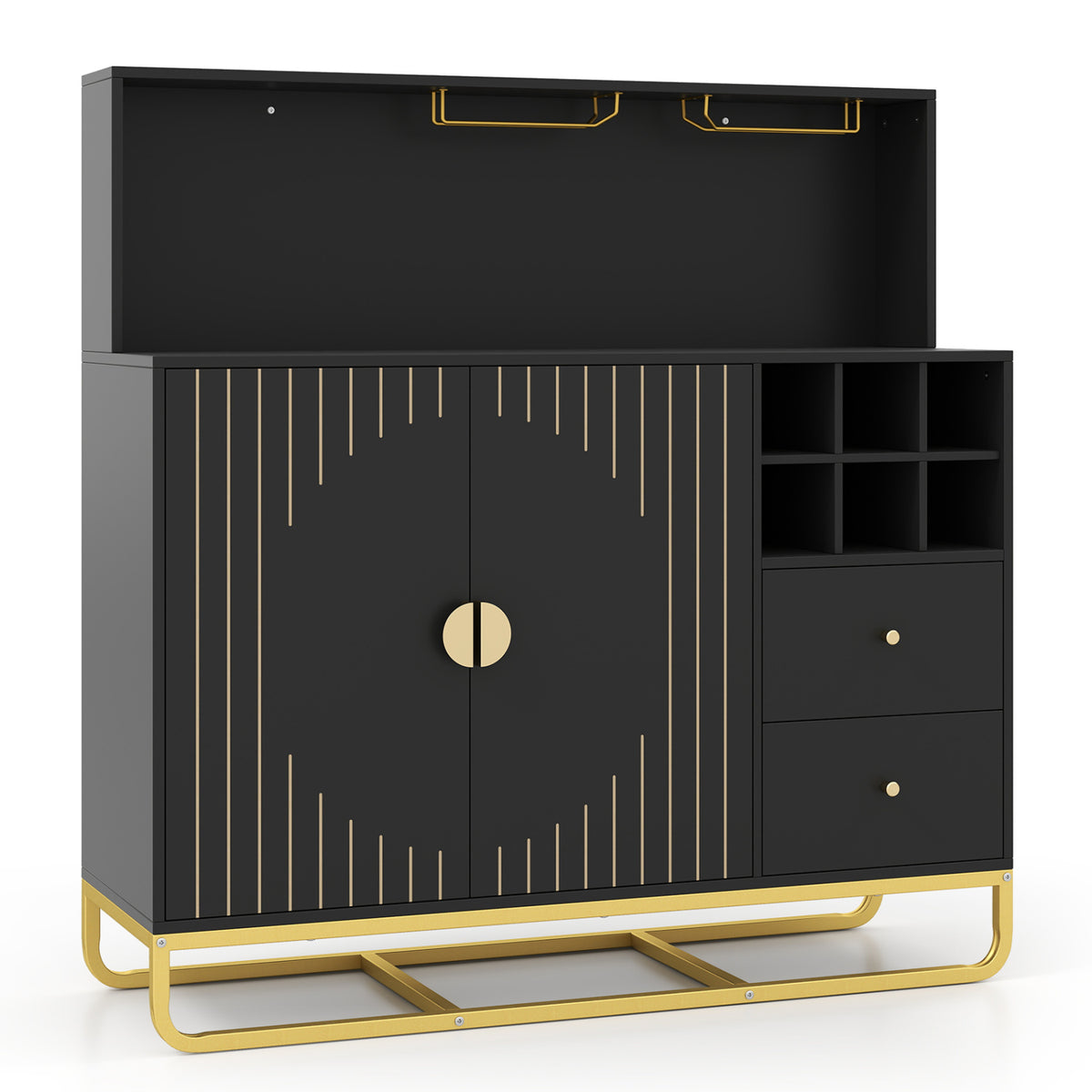 Home Bar Cabinet with Wine Rack and Glass Holders - Black