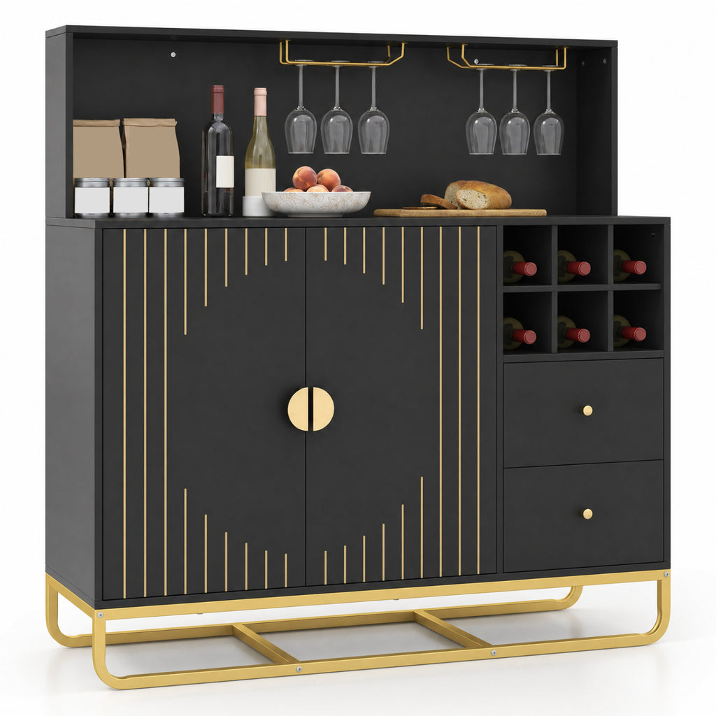 Home Bar Cabinet with Wine Rack and Glass Holders - Black