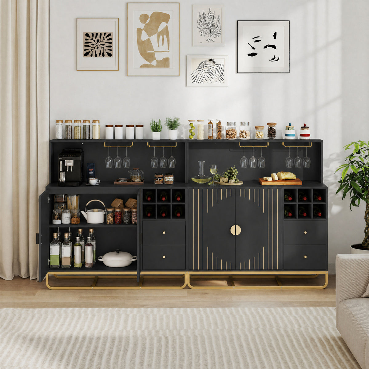 Home Bar Cabinet with Wine Rack and Glass Holders - Black