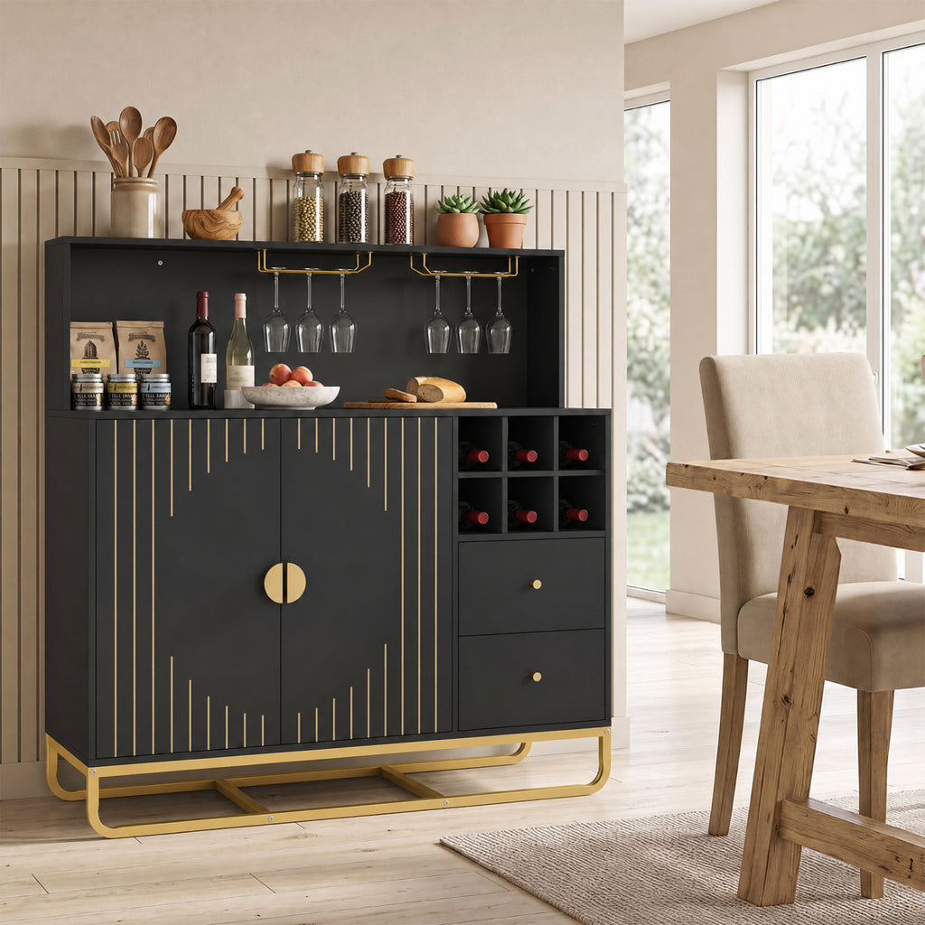 Home Bar Cabinet with Wine Rack and Glass Holders - Black