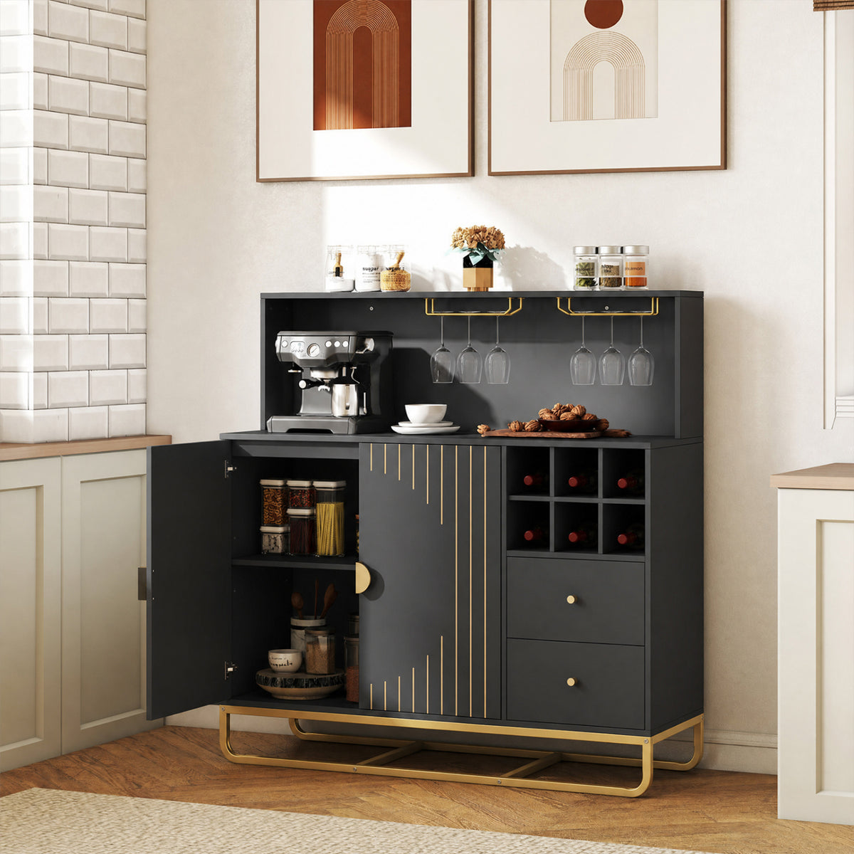 Home Bar Cabinet with Wine Rack and Glass Holders - Black