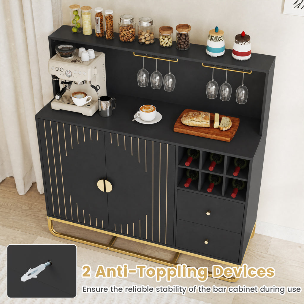 Home Bar Cabinet with Wine Rack and Glass Holders - Black