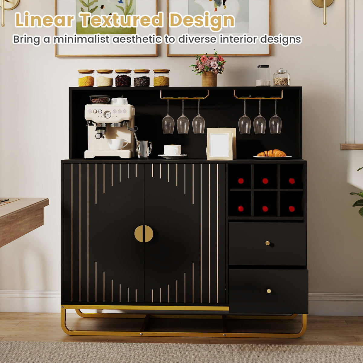 Home Bar Cabinet with Wine Rack and Glass Holders - Black