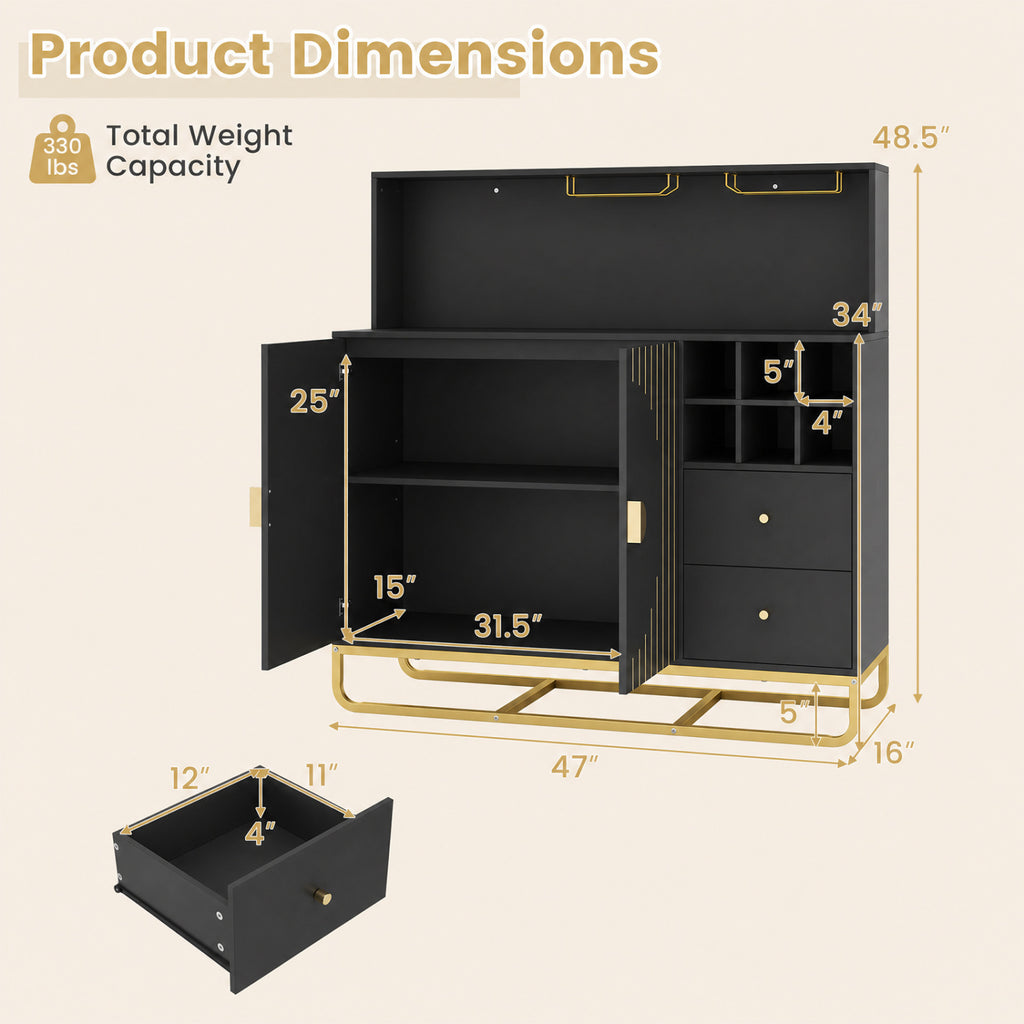 Home Bar Cabinet with Wine Rack and Glass Holders - Black