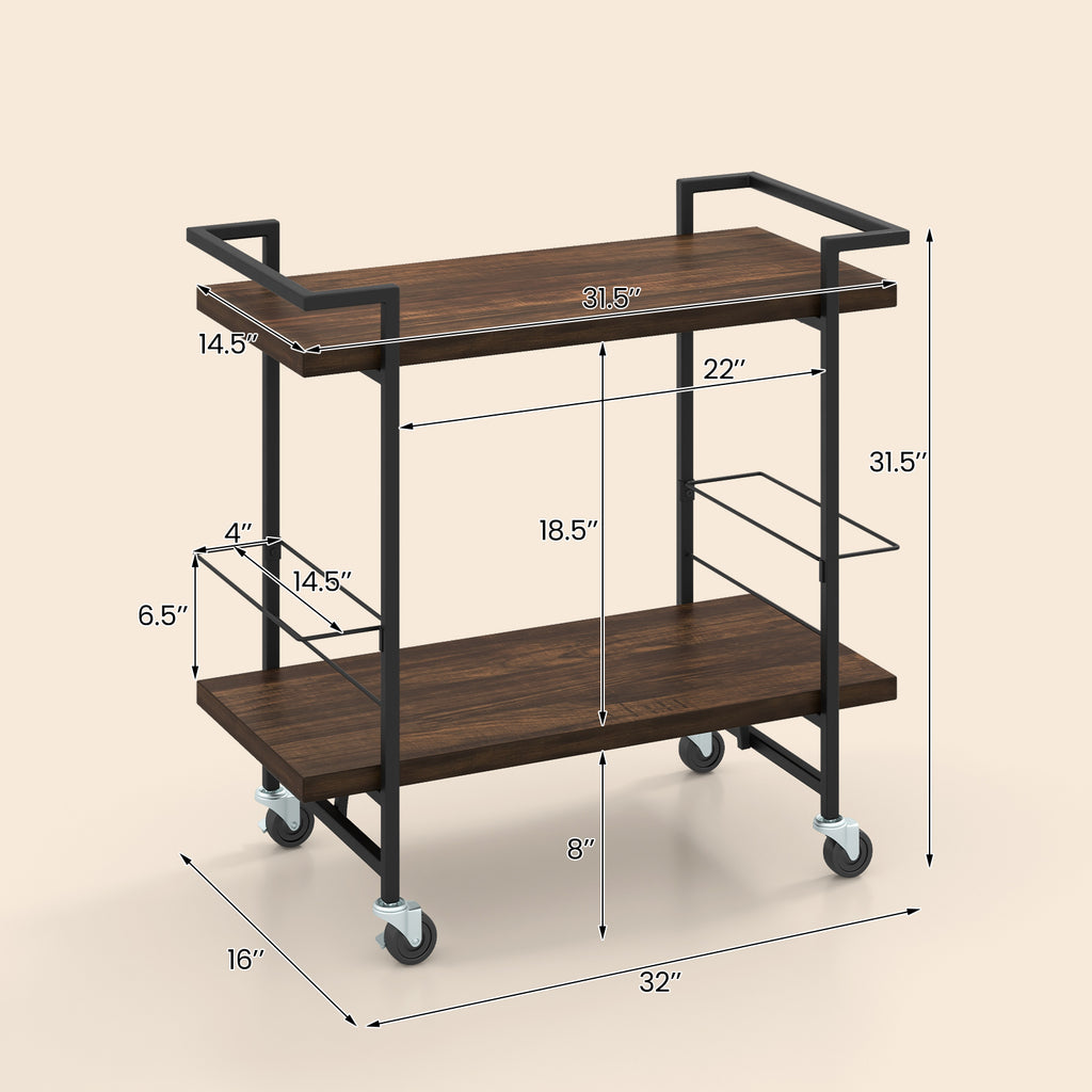 2-Tier Bar Cart with Lockable Wheels, Rustic Brown