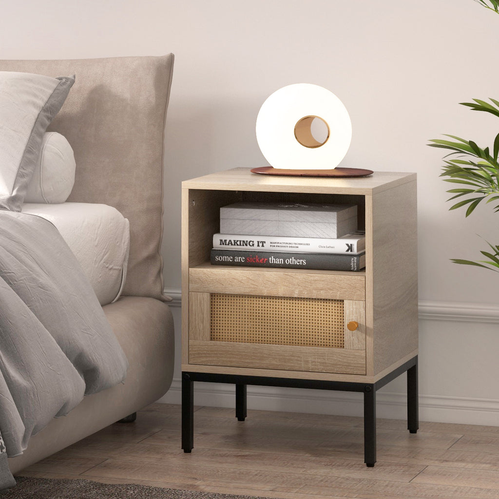Boho Accent Table with Open Shelf and Door Cabinet - Natural