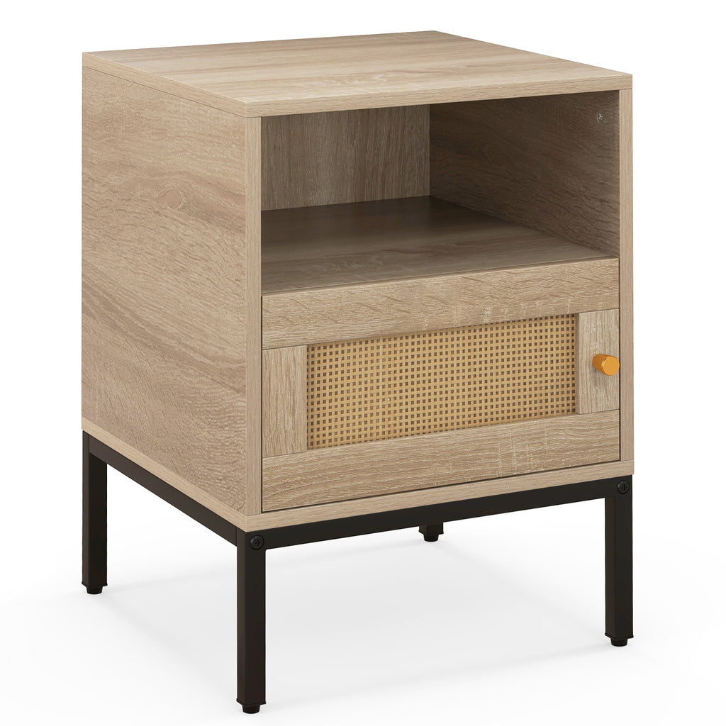 Boho Accent Table with Rattan Drawer & Open Shelf – Natural