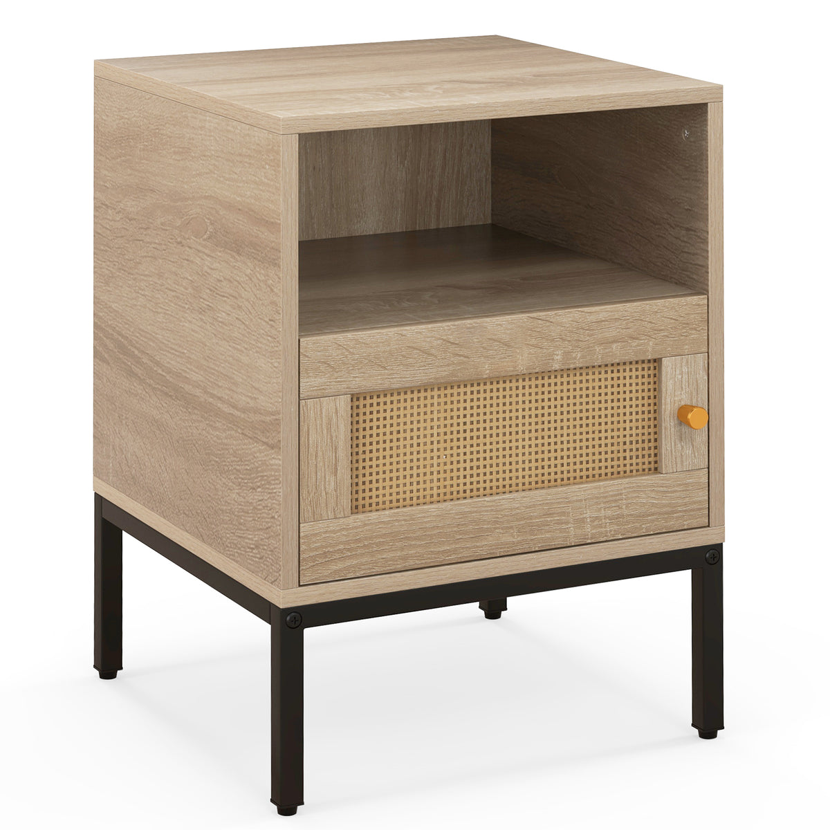 Boho Accent Table with Rattan Drawer & Open Shelf – Natural