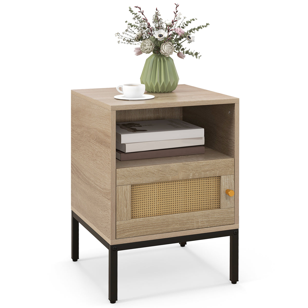 Boho Accent Table with Open Shelf and Door Cabinet - Natural
