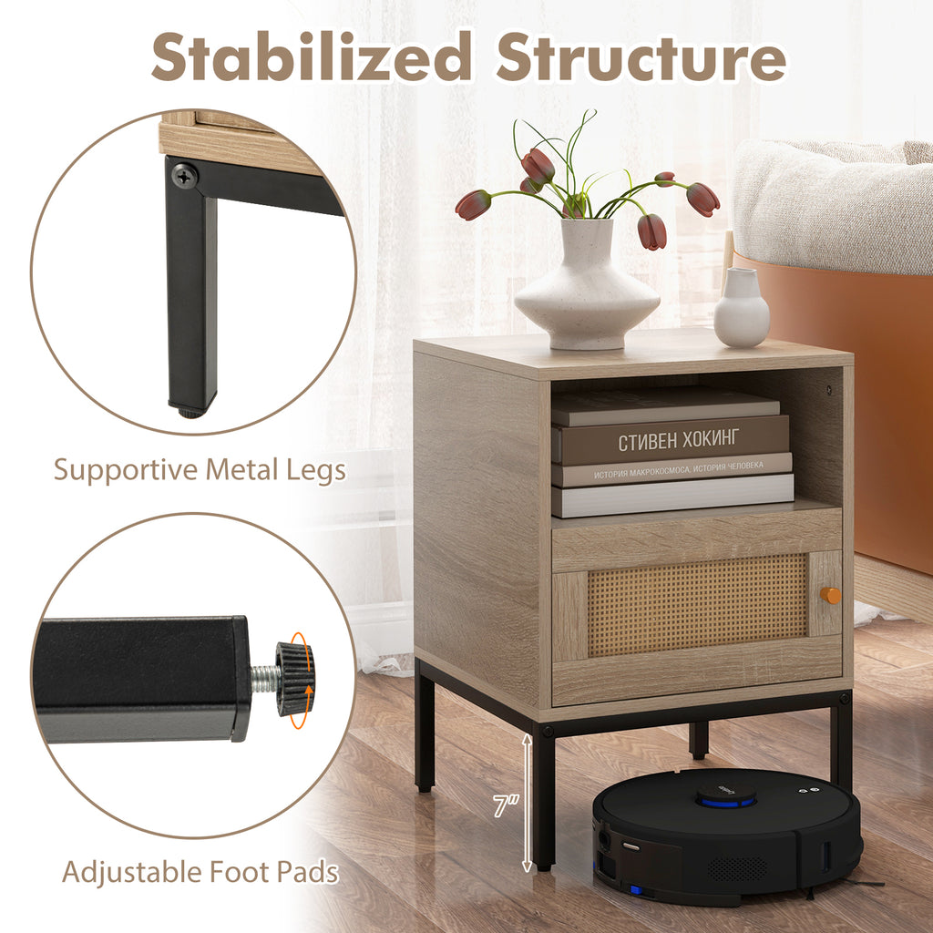 Boho Accent Table with Open Shelf and Door Cabinet - Natural