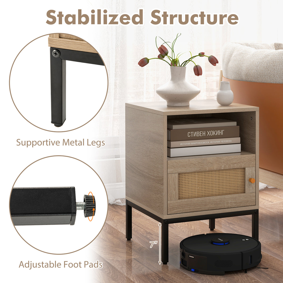 Boho Accent Table with Open Shelf and Door Cabinet - Natural