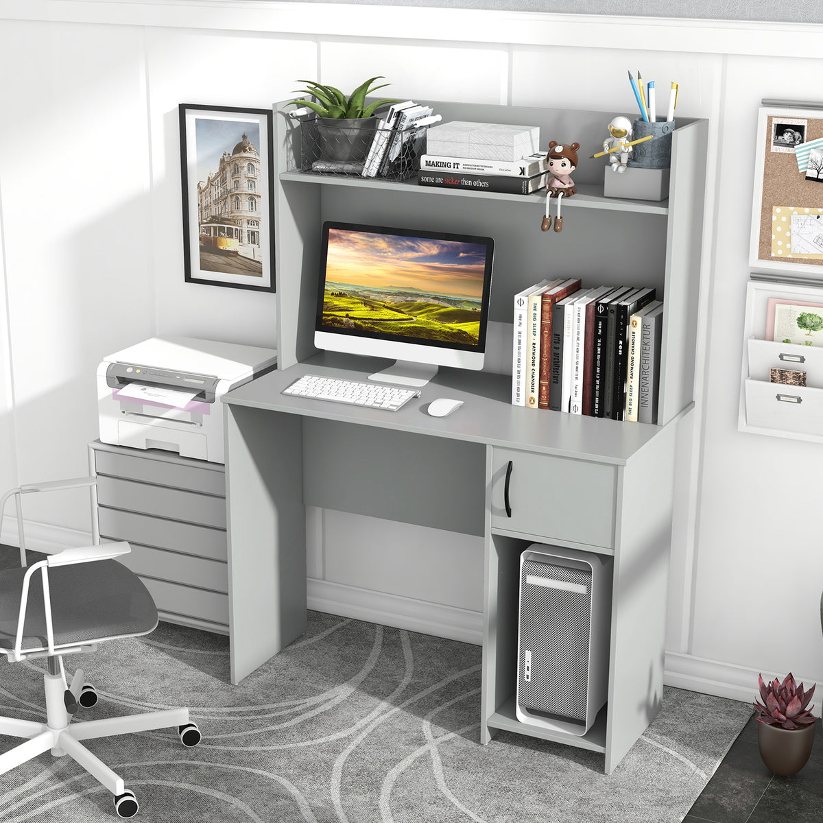 Computer Desk with Raised Display Shelf - Gray