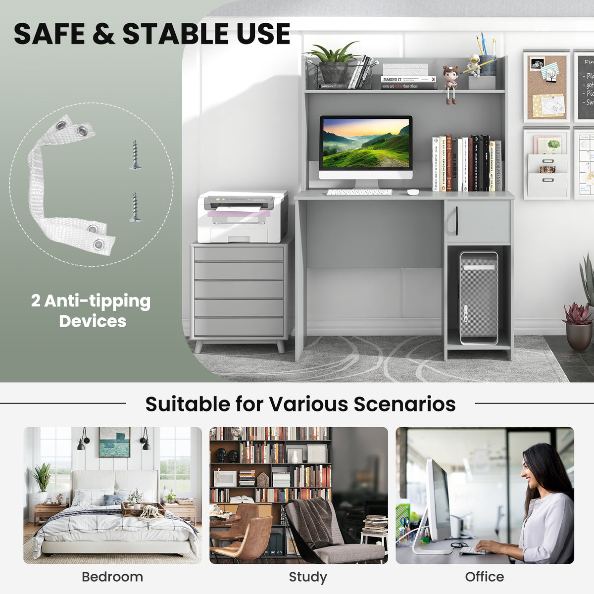 Computer Desk with Raised Display Shelf - Gray