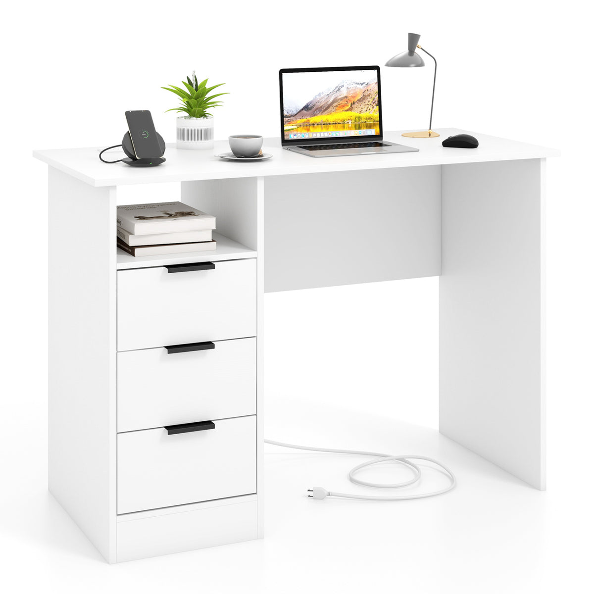 Home Office Desk with Power Outlet 3 Storage Drawers and Open