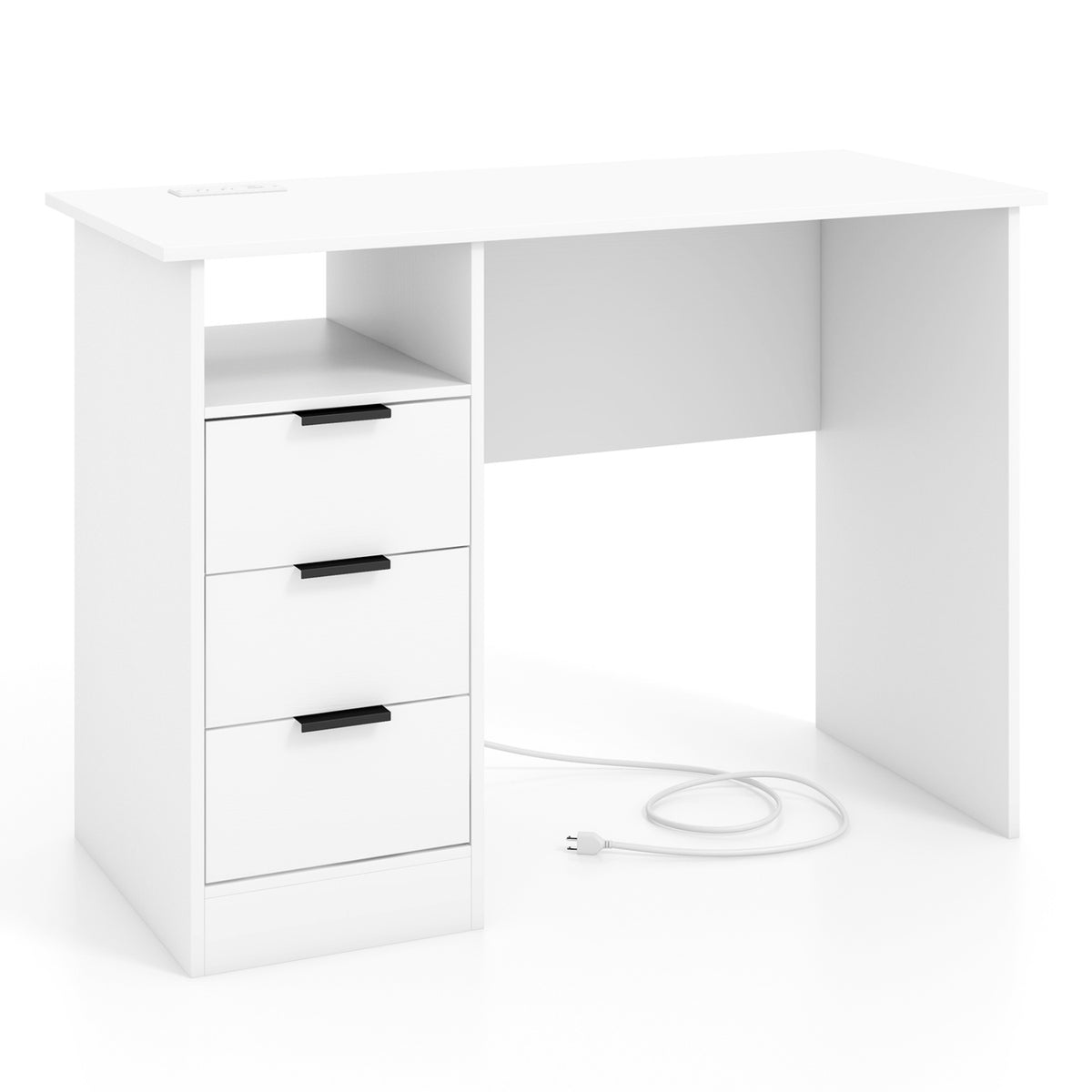 Home Office Desk with Power Outlet 3 Storage Drawers and Open