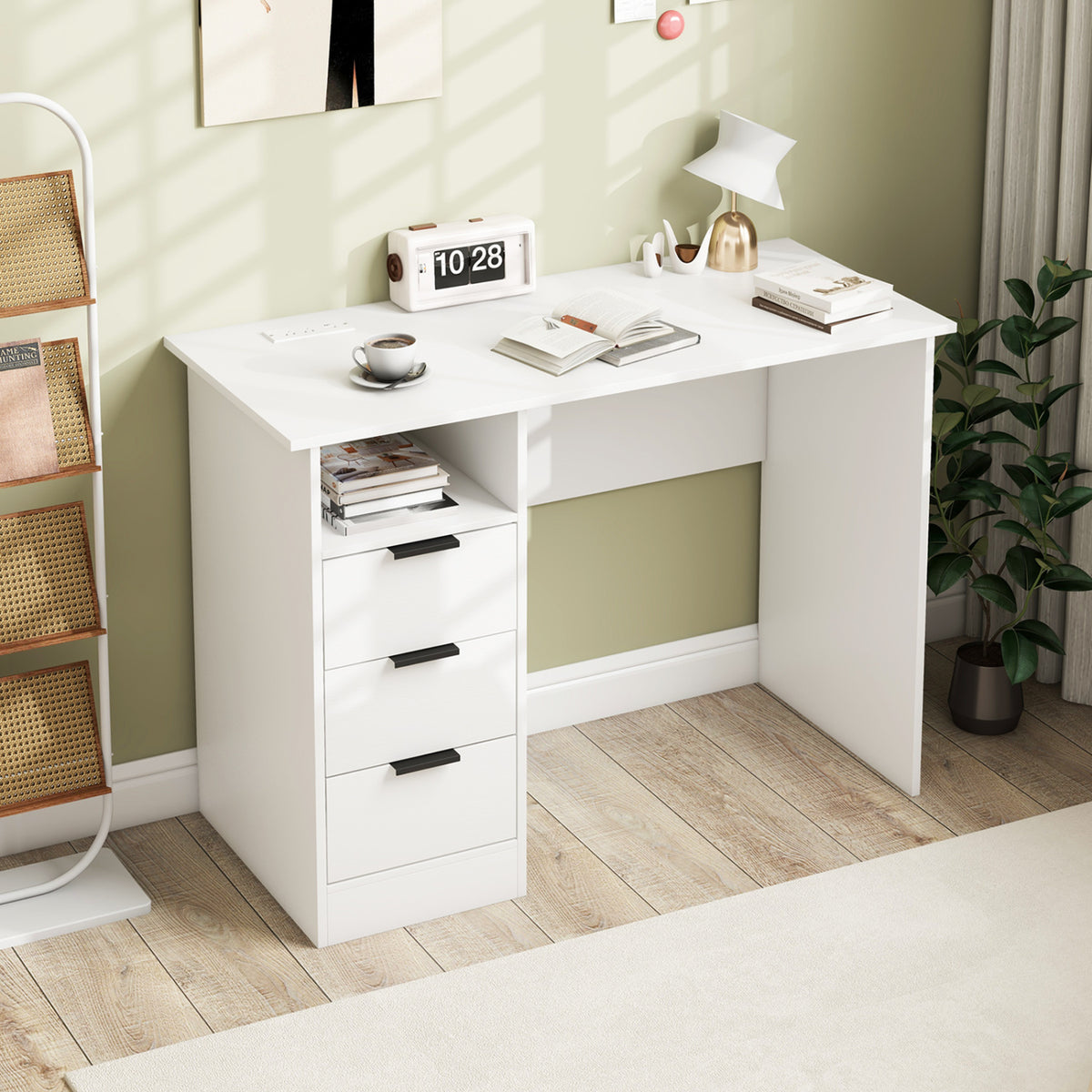 Home Office Desk with Power Outlet 3 Storage Drawers and Open