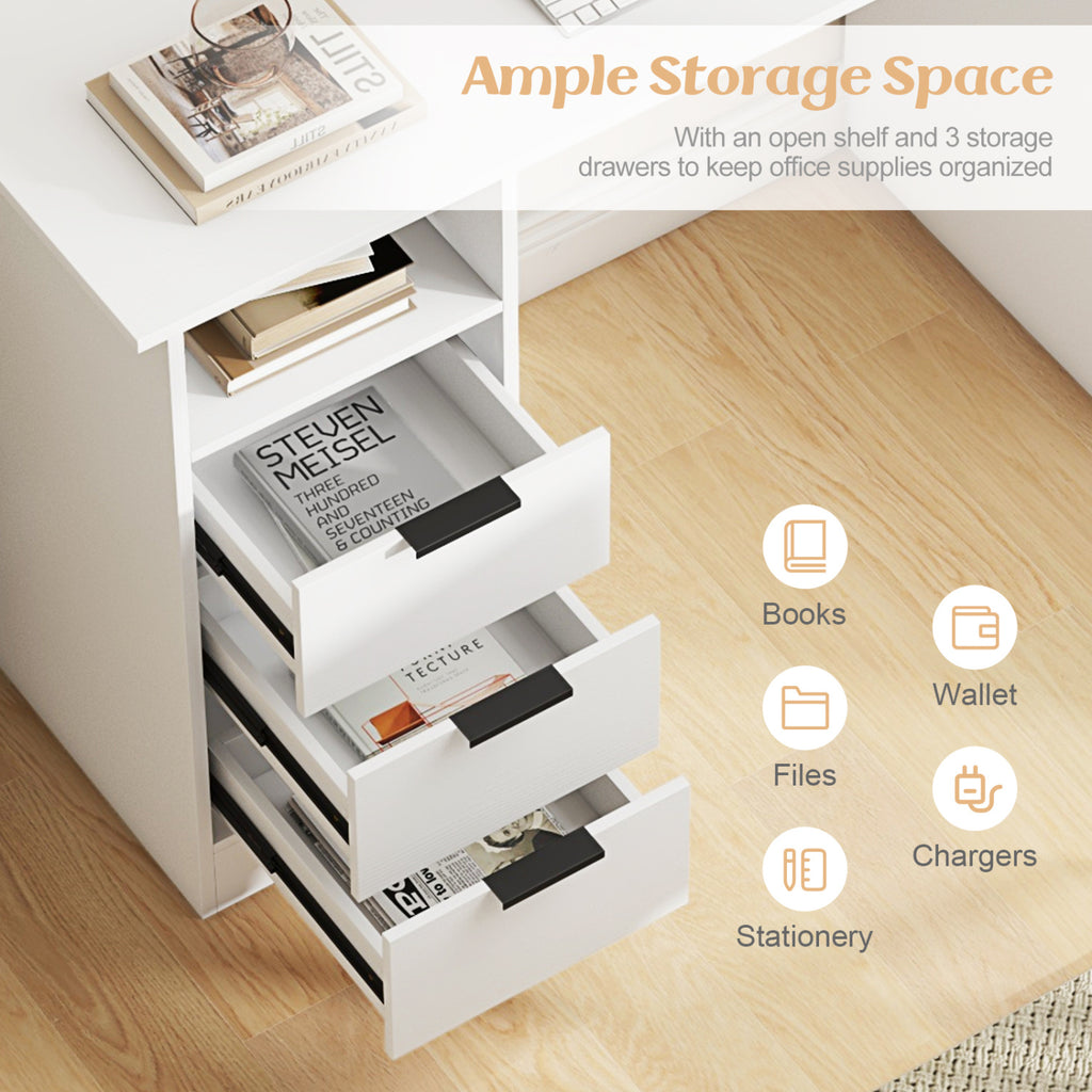 Home Office Desk with Power Outlet 3 Storage Drawers and Open