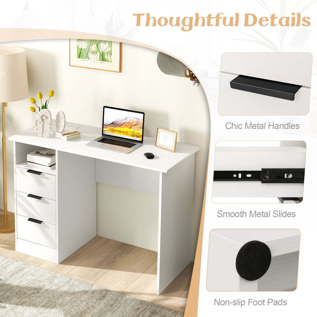 Home Office Desk with Power Outlet 3 Storage Drawers and Open