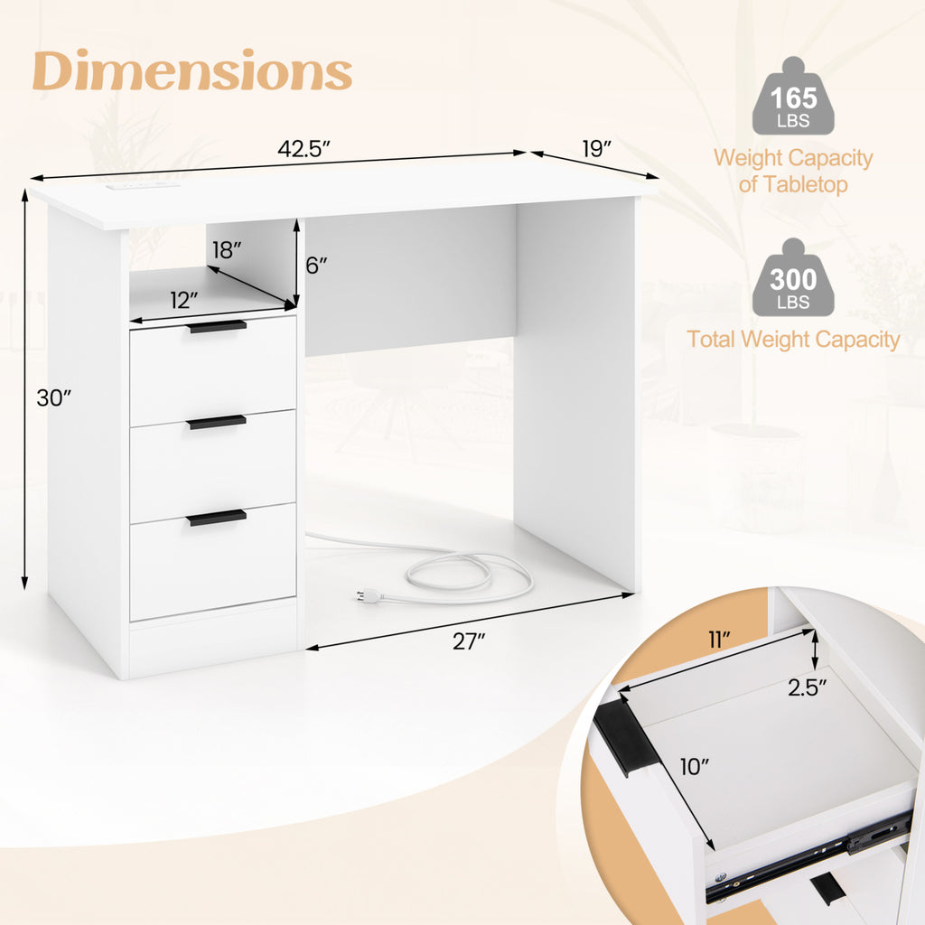 Home Office Desk with Power Outlet 3 Storage Drawers and Open