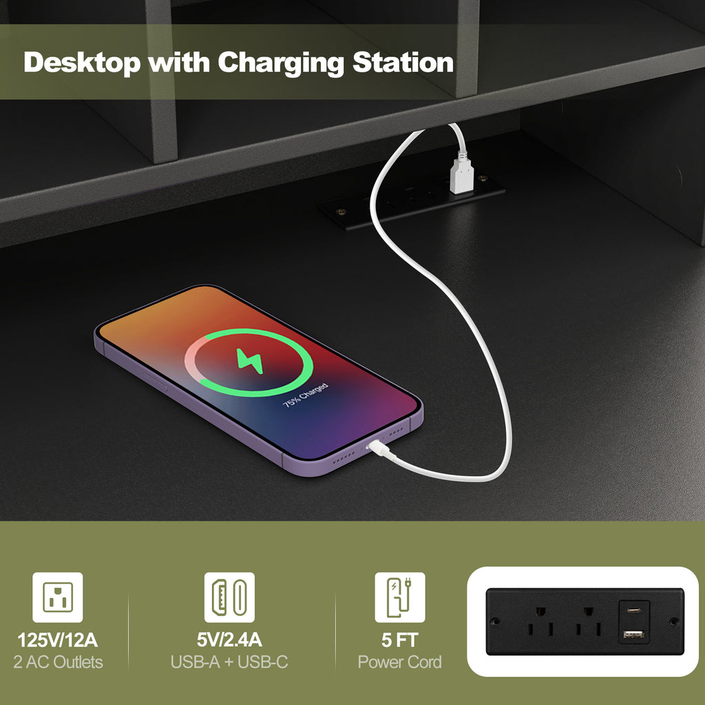 48 Inch Computer Desk with Charging Station, Black