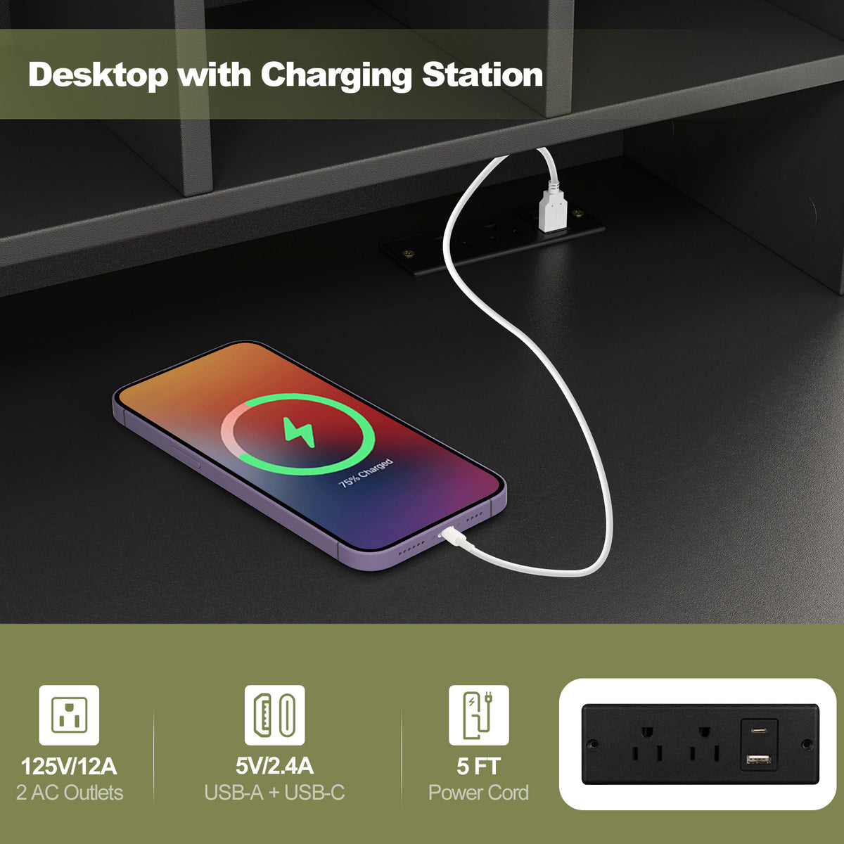 48 Inch Computer Desk with Charging Station, Black