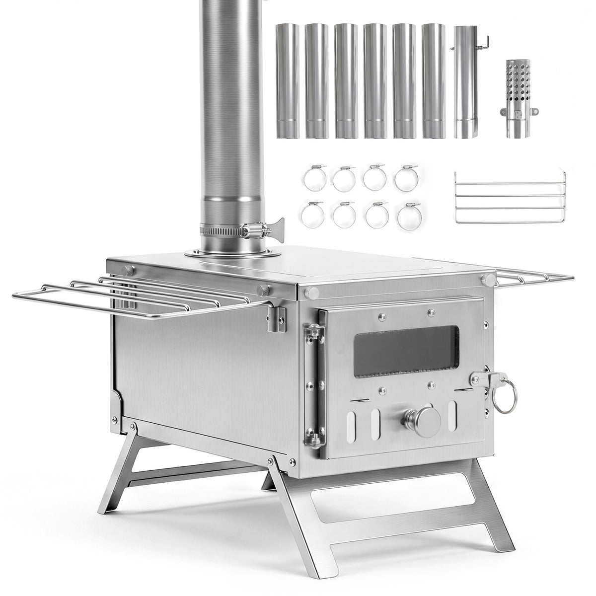 Hot Tent Stove Portable Wood Burning with 7 Chimney Pipes and Spark