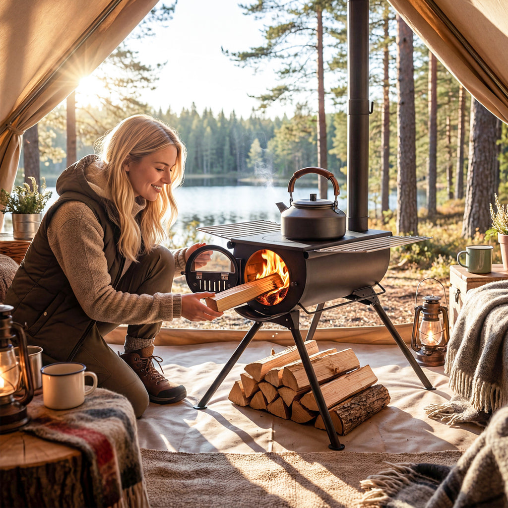 Hot Tent Stove with Chimney Pipes and Foldable Legs for Outdoor