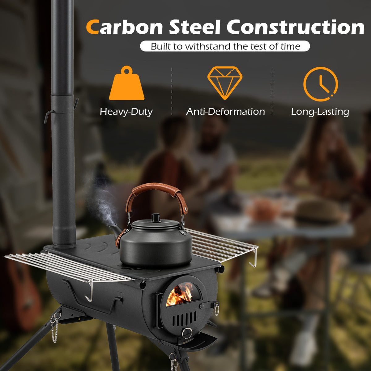 Hot Tent Stove with Chimney Pipes and Foldable Legs for Outdoor